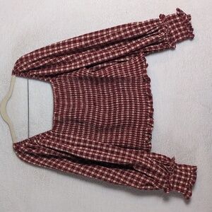 Bohme &merci Womens SMocked Burgundy Gingham Farmhouse Square Neck Shirt Size L‎